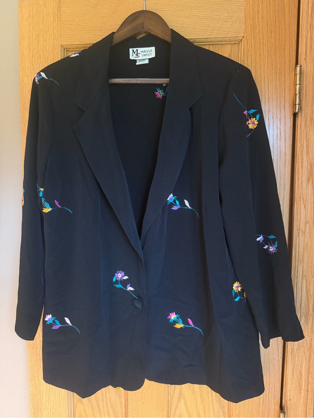 Vtg Maggie Sweet Floral Embroidered Blazer Jacket Black Petite Large 90s